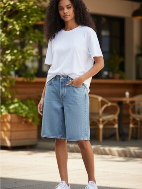 &Denim Baggy Bermuda Shorts Light Wash High Rise Jorts Size 12